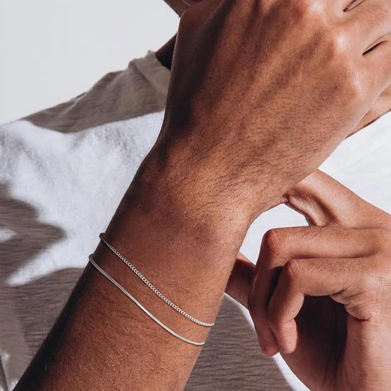 Moodear Valentines Day Gifts for Him Stackable Bracelets for Men - Dainty Silver Cuban Link Stackable Snake Chain Stainless Steel Bracelets Trendy Jewelry Gift - Image 4